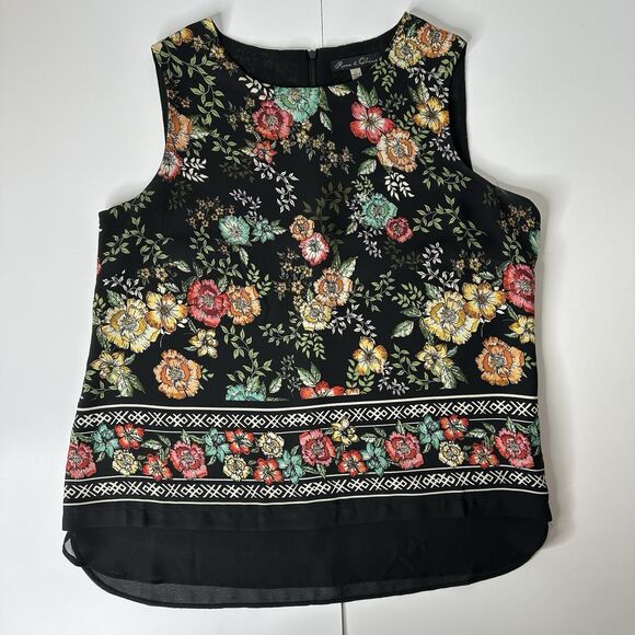 Rose & Olive Sleeveless Top Sz L Black Floral Chiffon Bloomcore Office Career - Picture 8 of 13